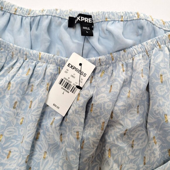 Express Off Shoulder Balloon Sleeve Boho Sheer Blouse Blue Floral Size Large NWT - Picture 5 of 9